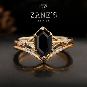Vintage Natural Black Onyx Engagement Ring Set 14K Gold Ring Set,Long hexagonal Black Onyx,Unique Wedding Set, Art Deco Gold Ring Set