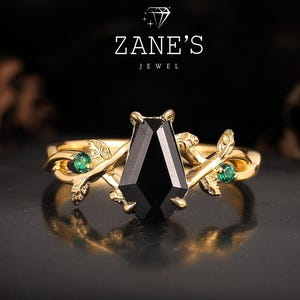 Coffin Cut Black Onyx Engagement ring, Art Deco Leaf Design Emerald Wedding Ring Nature Inspired Ring Bridal Promise Ring,Gold Wedding Gift
