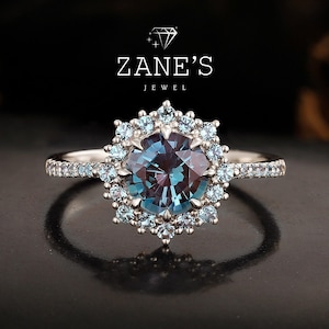 Vintage Round Alexandrite Ring, June birthstone color changing Ring, 14K White Gold Diamond Ring Promise Ring,Gift for Wife, Christmas Gift