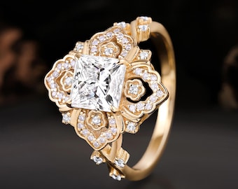 Unique Princess Moissanite Engagement Ring,Art Deco Halo Setting Bridal Anniversary Ring,Vintage Nature Inspired Floral Design Wedding Ring