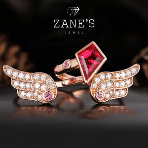 2PCS Bridal Ring Set,Angel Wing Ruby Gemstone Ring SetAngle Wing Guardian Ring Red Gemstone Ring Set,Anniversary/Birthday Gift For Her