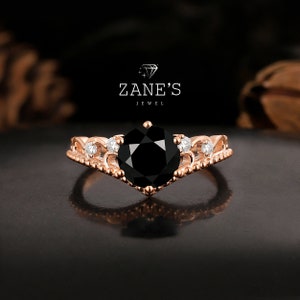 Handcrafted 1.0ct Black Onyx Agate Ring, 14K Rose Gold Black Onyx Engagement Ring，Promise Ring Anniversary Gift,Gemstone Cluster Ring