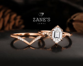 Vintage Moissanite Diamond Ring Engagement Ring Set 14K Gold Ring Set,Long hexagonal Moissanite Ring,Unique Wedding Set, Art Deco Ring Set