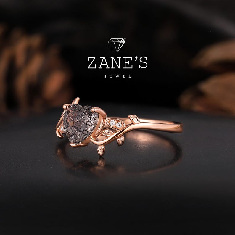 Heart Cut Black Quartz Leaf Ring – Nature-inspired Gothic Engagement ...