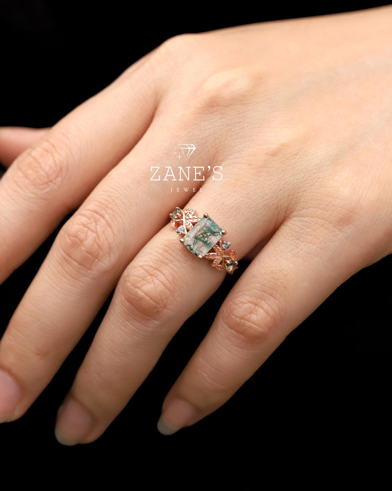 Art Deco Leaf Moss Agate Engagement Ring Set,boho Moss Agate Ring Set ...