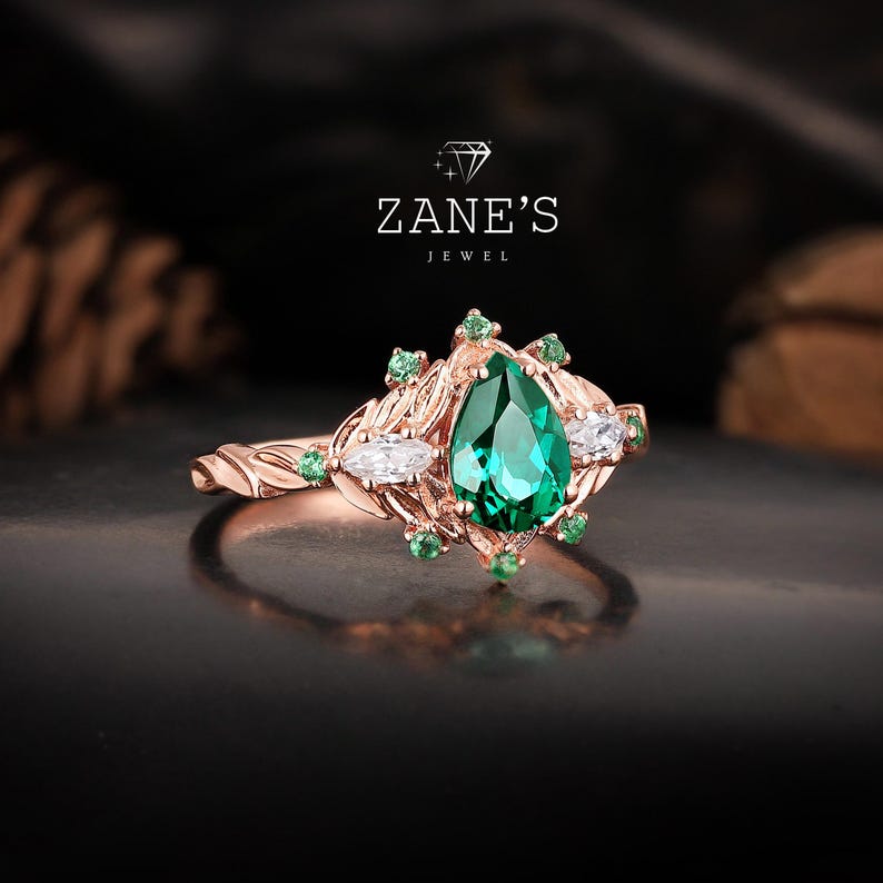 Nature Inspired Promise Ring,pear Cut Green Emerald Engagement Ring ...