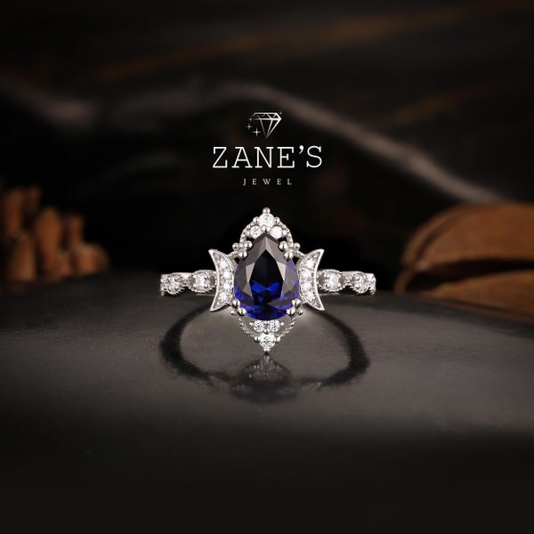 Vintage Teal Sapphire verlovingsring, unieke peervormige 14k gouden ring, blauwe saffier ring Diamond Wedding Promise Ring verjaardag ring