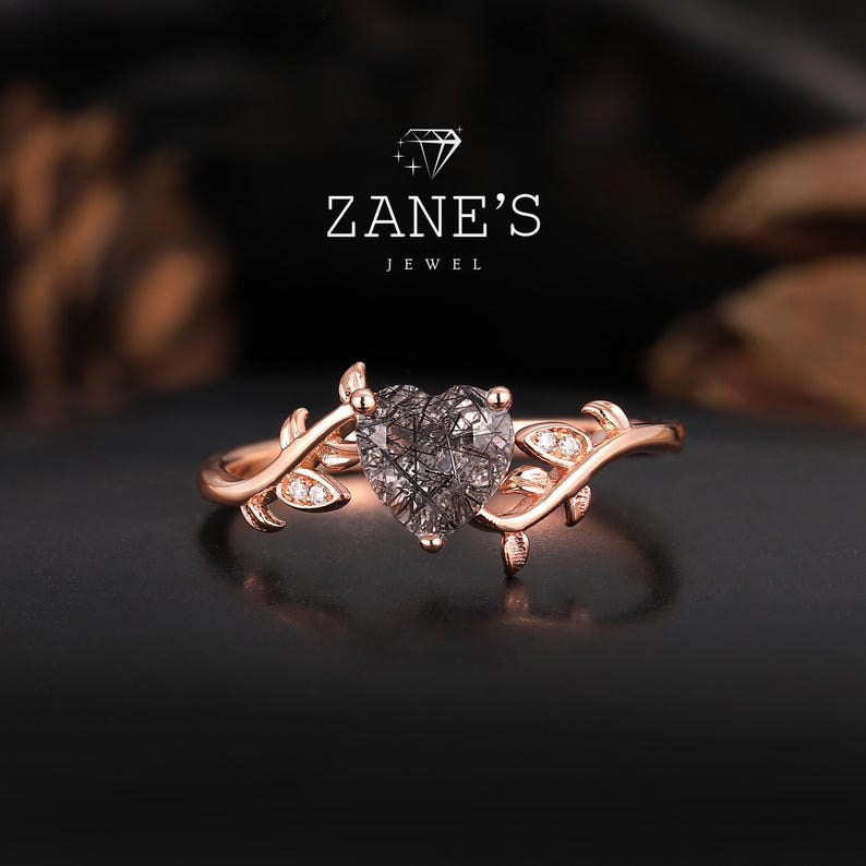 Heart Cut Black Quartz Leaf Ring – Nature-inspired Gothic Engagement ...