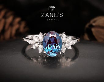 Vintage Oval Cut Alexandrite Engagement Ring,June Birthstone Wedding Band Customized Gift,14K White Gold Diamond Ring Promise Ring