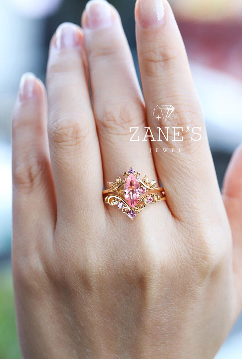 14k Gold Marquise Cut Pink Sapphire Ring Set,art Nouveau Nature ...