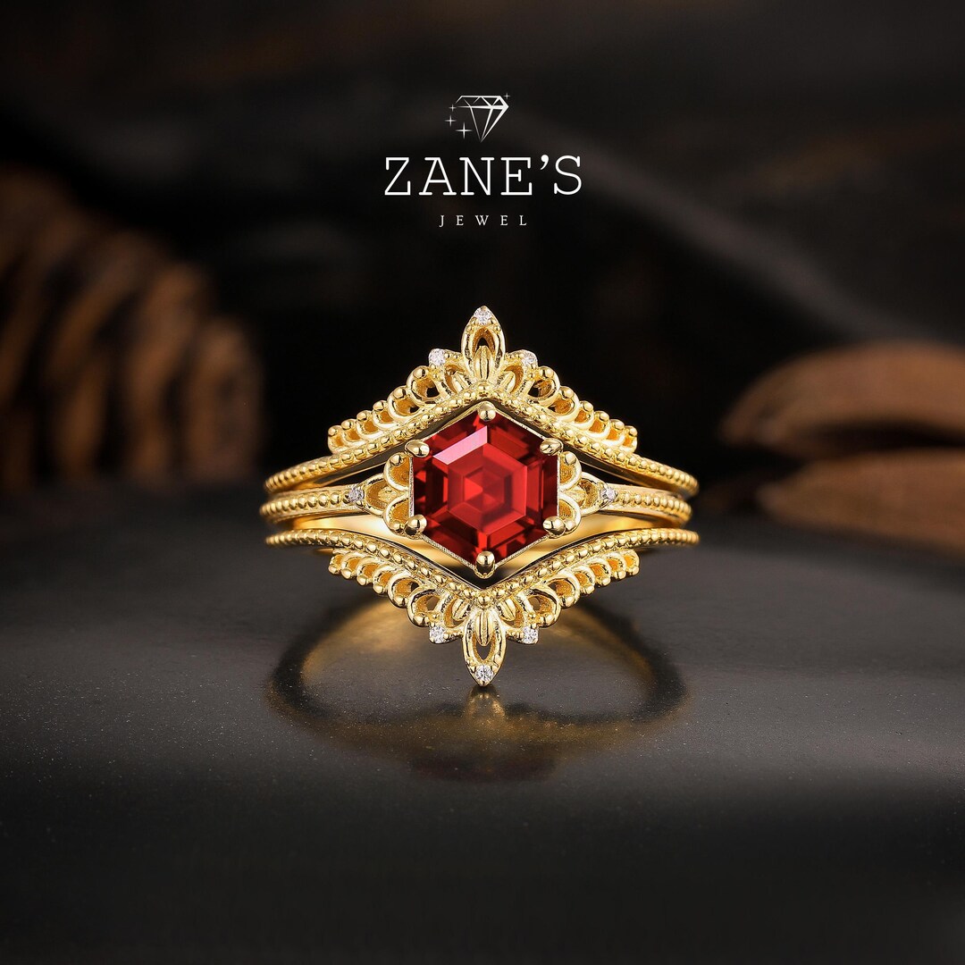 Unique Vintage Hexagon Cut Ruby Engagement Ring Set, Solid Yellow Gold ...