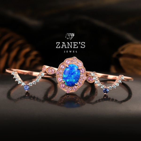 3pcs Oval Cut Natural Blue Opal Engagement Ring Set,Blue Sapphire Ring Set,Wedding Promise Ring Opal Moissanite Ring,1.5ct Opal Bridal Set