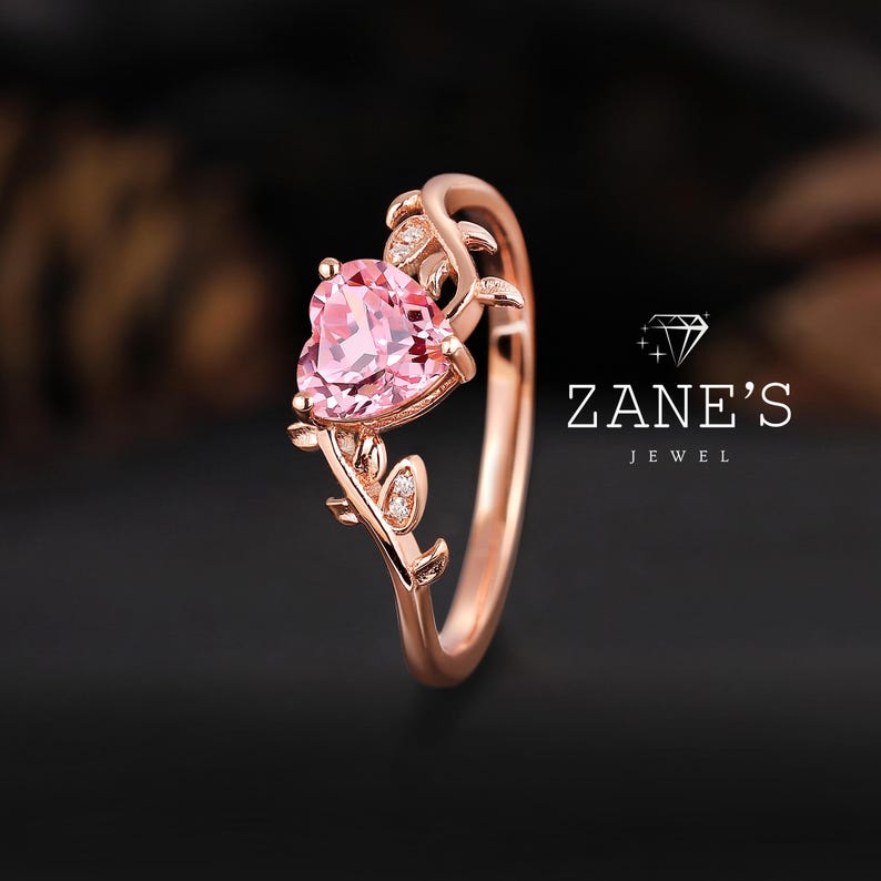 Pink Sapphire Heart Ring: Rose Gold Leaf Band, Boho Engagement Jewelry ...