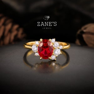 14K Gold Oval Cut Ruby Gold Engagement Ring, Moissanite Ring,July birthstone, Vintage Dainty Crystal Ring Stackable Red Gemstone Garnet