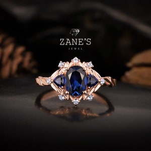 Oval Cut Blue Sapphire Wedding Ring,Blue Sapphire Anniversary Ring,Three Stone Ring Floral Branch Ring,Anniversary Gift for Love