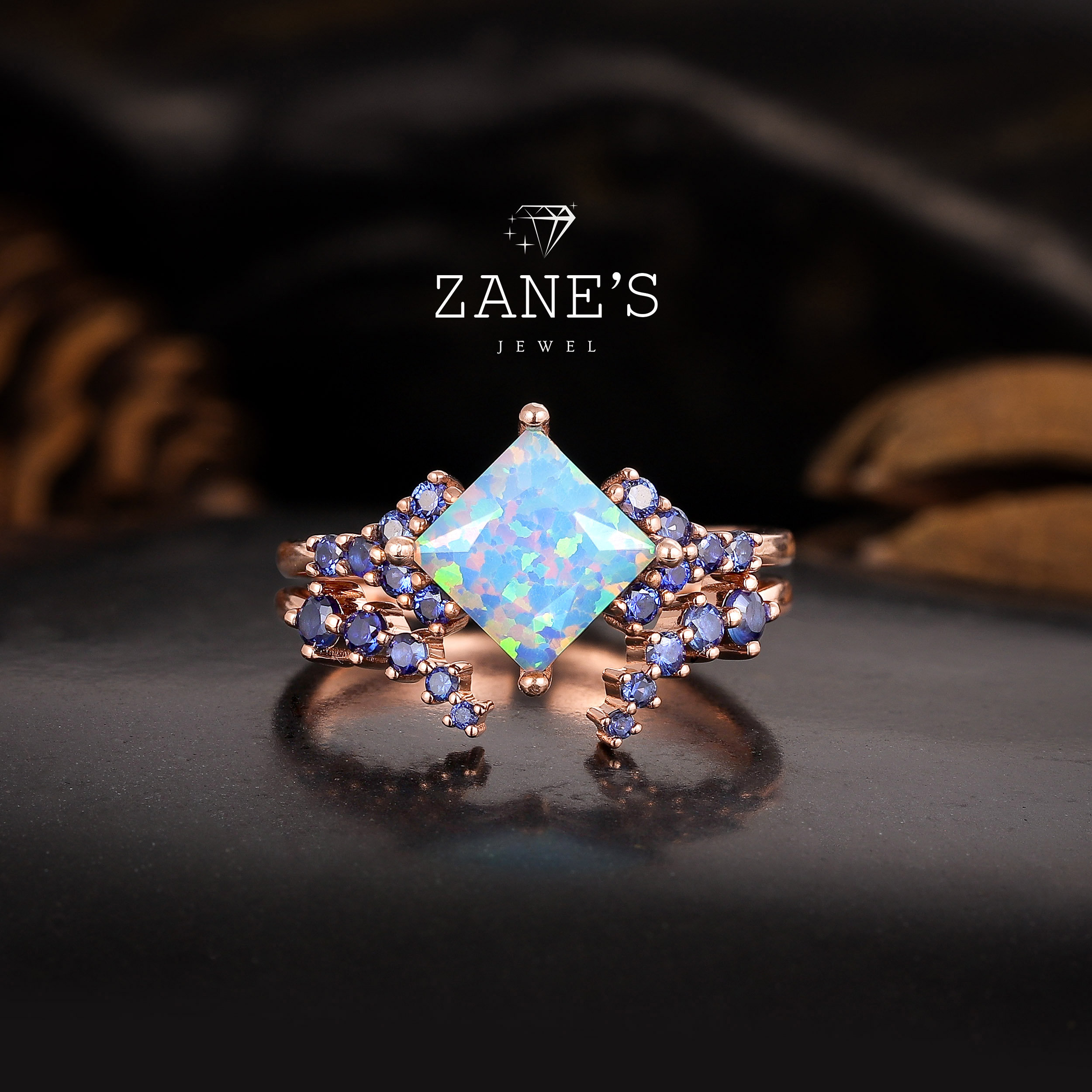 14K Rose Gold Princess Cut Blue Opal Ring Set,art Deco Fitted Blue