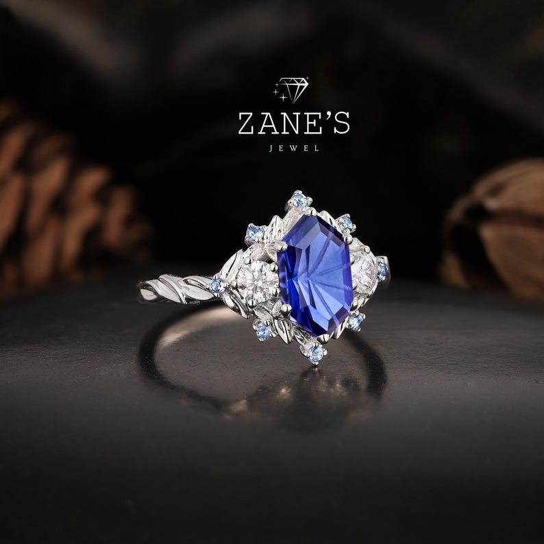 14k Solid Gold Wedding Ring,hexagon Cut Unique Blue Sapphire Engagement ...