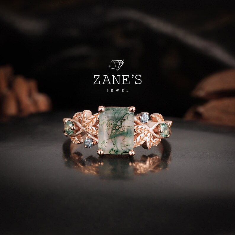 Art Deco Leaf Moss Agate Engagement Ring Set,boho Moss Agate Ring Set ...