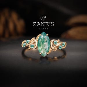 Handmade Marquise Moss Agate Engagement Ring for Women, Antique Rose Gold Vine Ring, Unique Anniversary Promise Gift for Her