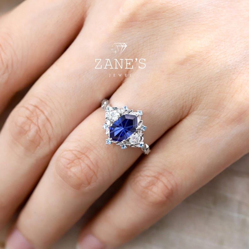 14k Solid Gold Wedding Ring,hexagon Cut Unique Blue Sapphire Engagement ...