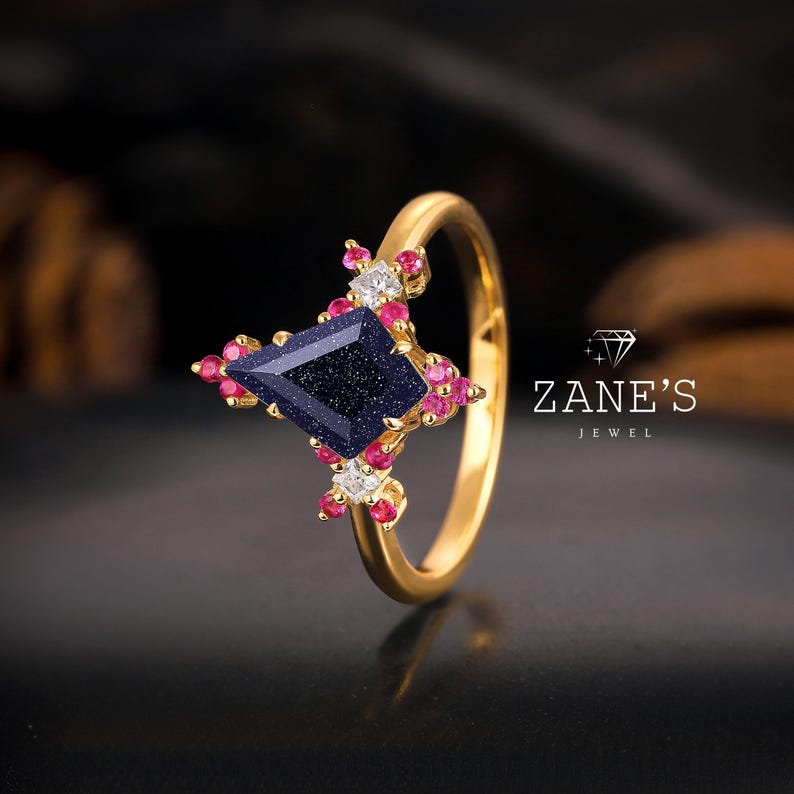 Solid Gold Netula Wedding Ring for Her, Vintage Kite Cut 1.0ct Navy ...