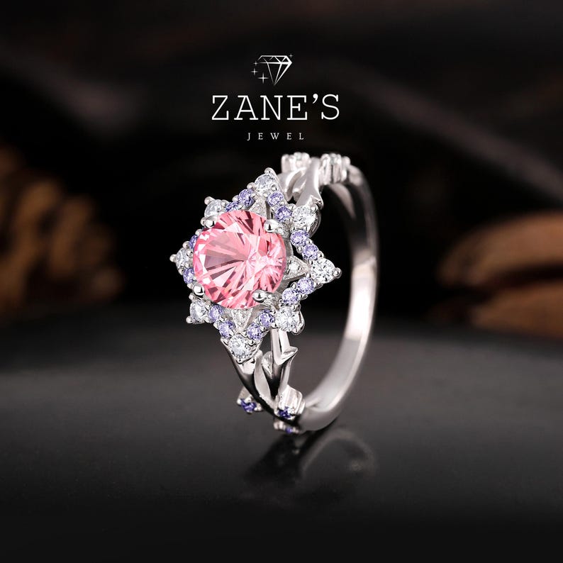Vintage Pink Sapphire Engagement Ring: 10k White Gold Floral Halo - Etsy