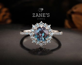 Bague alexandrite ronde vintage, bague à changement de couleur de pierre de naissance de juin, bague de promesse en or blanc avec diamants 14 carats, cadeau pour femme, BAGUE POUR L'AMOUR