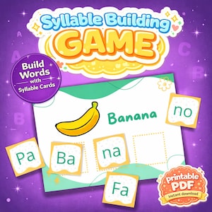 以下が含まれることがあります： 音節を使って単語を作るカラフルな教育ゲーム。バナナのイラスト、「Banana」という単語、そして「Pa」、「Ba」、「na」、「Fa」の音節カードが描かれています。ゲームは印刷可能なPDFです。