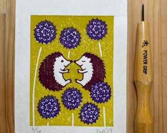 Two Hedgehogs and Thistles woodcut print