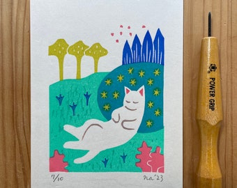 Cat Taking a Nap in the Grass woodcut print