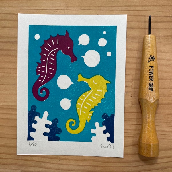 Two Seahorses Blowing Bubbles woodcut print