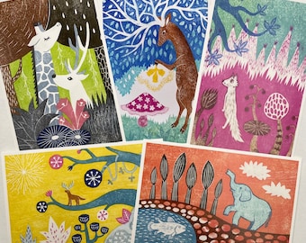 5 Postcards Set - Animals in the Forest