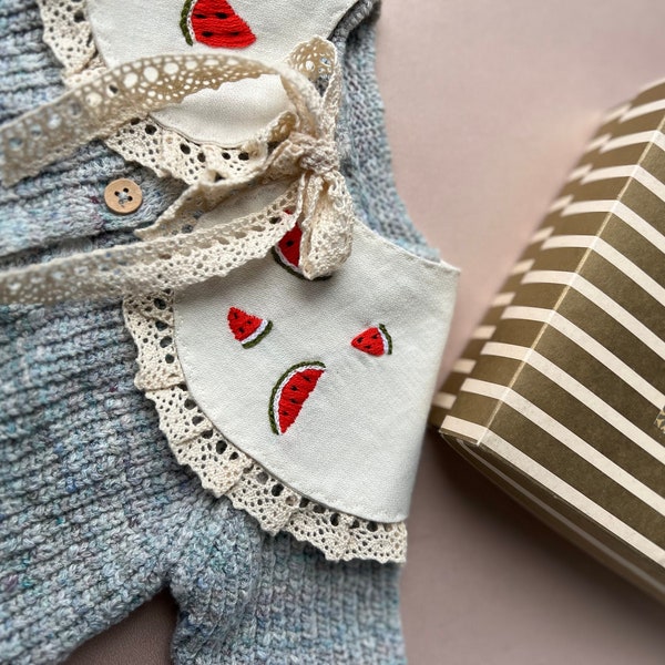 Handmade, Detachable, Watermelon Embroidered Girl's Collars. %100 Cotton Collar Bib. Peter Pan Collar.