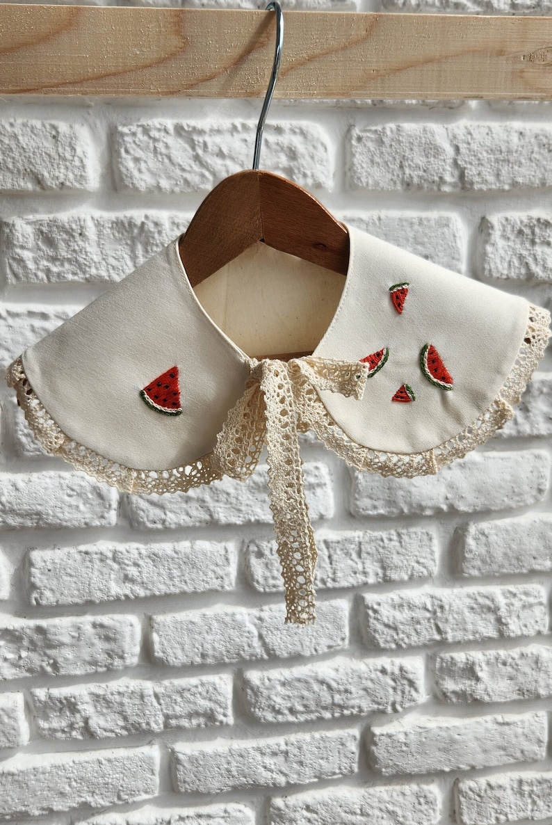 Handmade, Detachable, Watermelon Embroidered Girl's Collars. %100 Cotton Collar Bib. Peter Pan Collar. zdjęcie 5