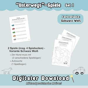 Onderweg met honden spelletjes set 1 om af te drukken: reis spelletjes, auto zoeken, zoekspel, rijactiviteit, digitale download zwart-wit