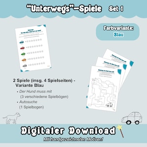 Onderweg met honden spelletjes set 1 om af te drukken: reis spelletjes, auto zoeken, zoekspel, auto & reis activiteiten, digitale download blauw