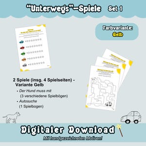 Onderweg met honden spelletjes set 1 om af te drukken: reis spelletjes, auto zoeken, zoekspel, auto & reis activiteiten, digitale download geel