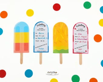 Template ice cream invitation for children's birthday, birthday invitation, children's party, summer party, ice cream on a stick, invitation card, DIY, print