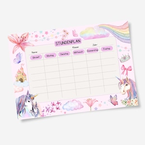 Puede incluir: Un planificador semanal rosa con tema de unicornio, con ilustraciones de acuarela. El planificador incluye una cuadrícula para la programación, con la palabra "STUNDENPLAN" en la parte superior. Los elementos decorativos incluyen unicornios, mariposas, flores, un arcoíris y un castillo.