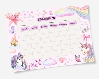 Unicorn timetable to print for the start of school, PDF download, school, elementary school, school enrollment, unicorn, horse