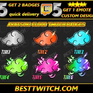 May include: A graphic featuring six Akatsuki cloud Twitch badges in various colors, including silver, orange, and blue. Each badge is labeled with a tier number. The image also includes text promoting quick delivery and custom design.