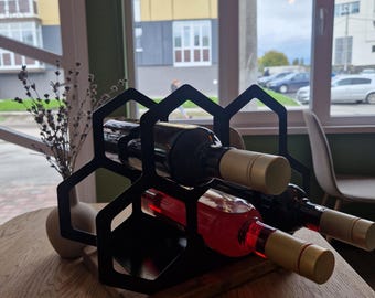 Wine Rack for 5 Bottles | Metal Wine Holder with Wooden Base | Modern Countertop Storage | Industrial Home Decor