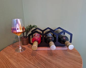Metal Wine Rack with Wooden Base | Modern Wine Holder | Countertop Wine Storage | Industrial Home Decor