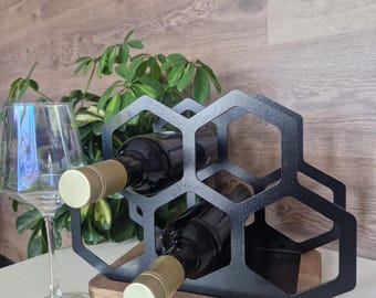 Metal wine rack with wooden base for 5 bottles | Modern Countertop Wine Holder | Steel Wine Storage | Minimalist Home Bar Decor