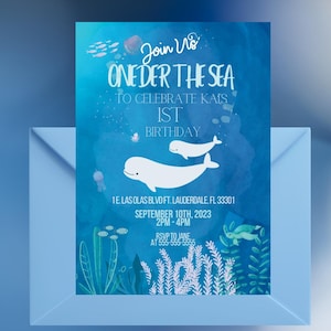 Convite de aniversário de bebê beluga | Convite de aniversário sob o mar