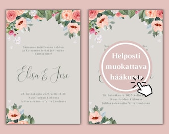 Kukkatarha hääkutsu muokattava, Canva-pohja, DIY, kukkainen hääkutsu, kutsukortti, save the date kortti, hääkutsu kukka, hääkutsu kukilla