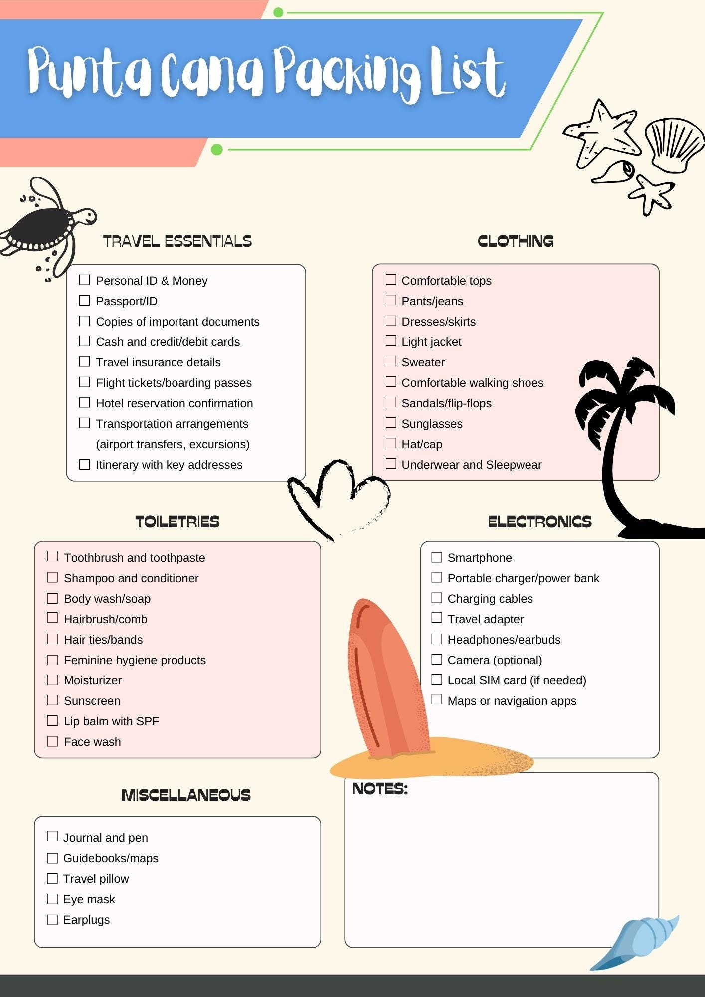 Punta Cana Packing List, what to wear, pre-filled checklist, travel to  Punta Cana