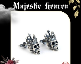 Gothic Jewelry | 925 Sterling Silver Skull King Crown Stud Earrings, Punk Gothic Style , Unique Halloween Gift