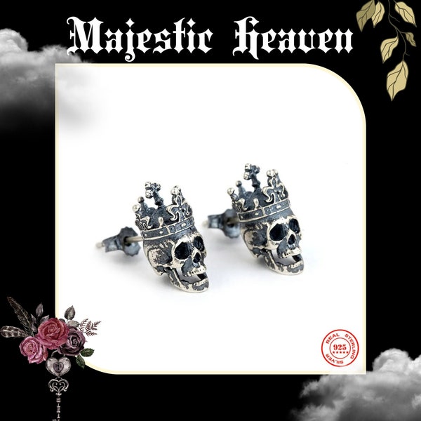Gothic Jewelry | 925 Sterling Silver Skull King Crown Stud Earrings, Punk Gothic Style , Unique Halloween Gift
