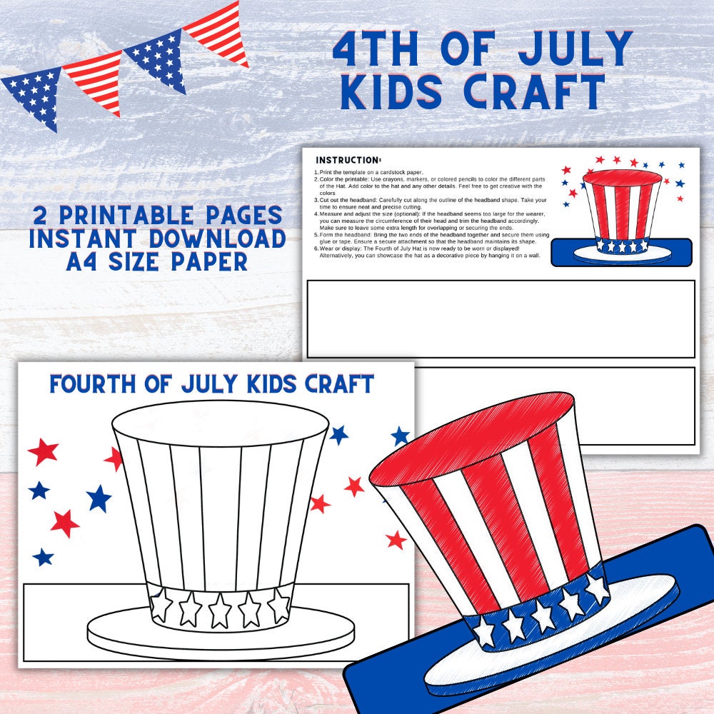 4th-of-july-kids-printable-craft-hat-etsy for Free Printable 4th Of July Crafts 4th of July Kids Printable Craft Hat - Etsy for Free Printable 4th Of July Crafts